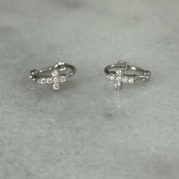 Modest Lu Jewelry - Silver Cross Crystal Small Huggie Hoop Earrings
Brand New